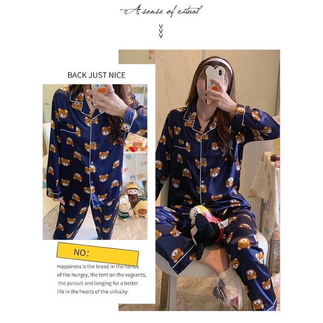 Piyama satin import / baju tidur wanita / ice silk baju tidur musim gugur-Teddy navy