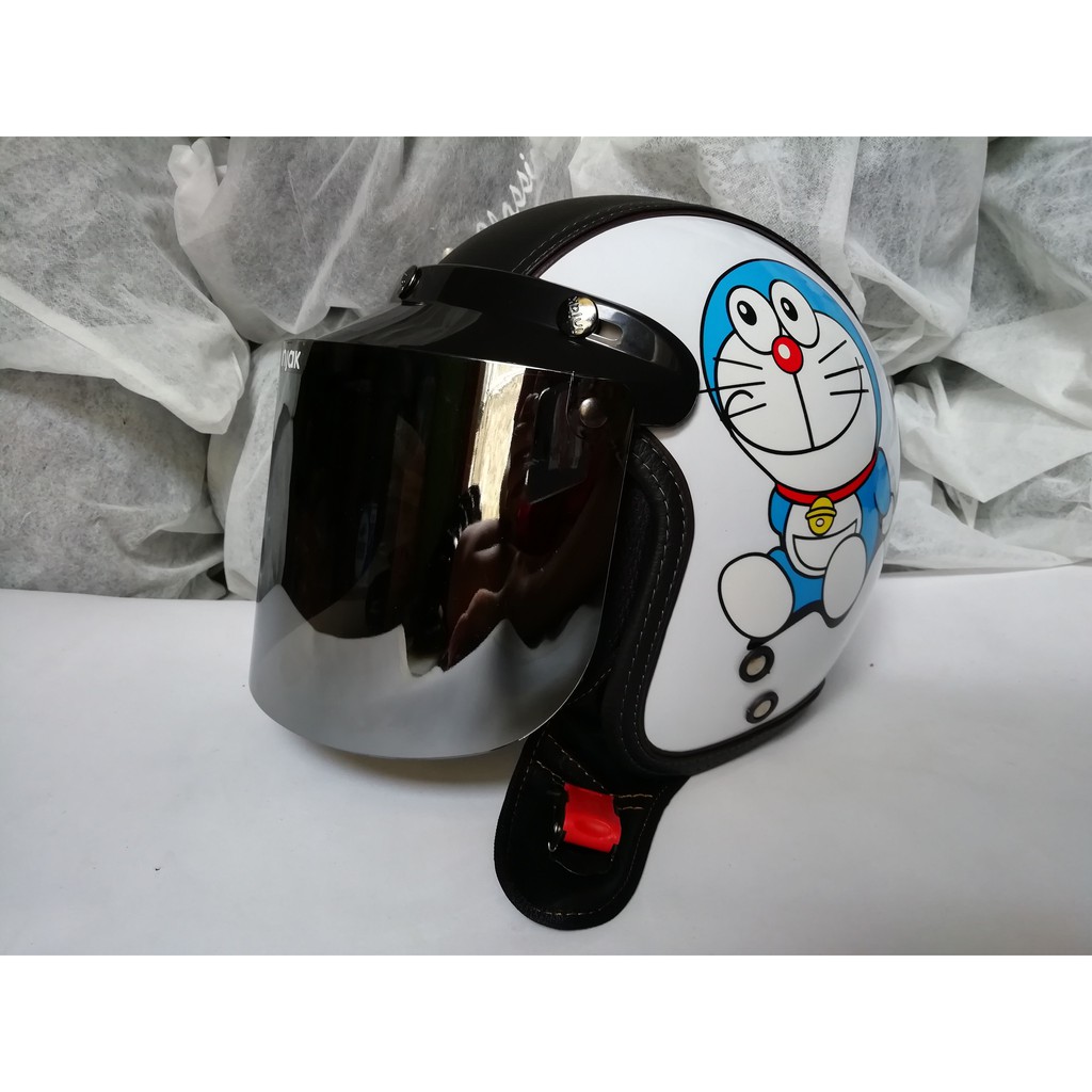 HELM BOGO DORAEMON PUTIH SEMIKULIT DEWASA KACA DATAR SILVER