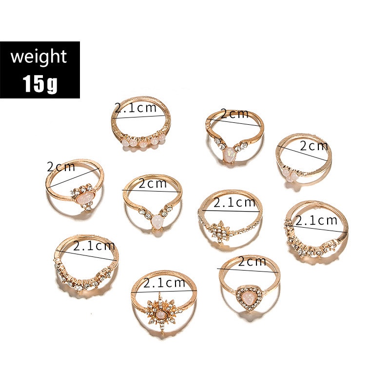 10pcs / Set Cincin Desain Mahkota Bintang Opal Aksen Berlian Warna Emas Untuk Wanita