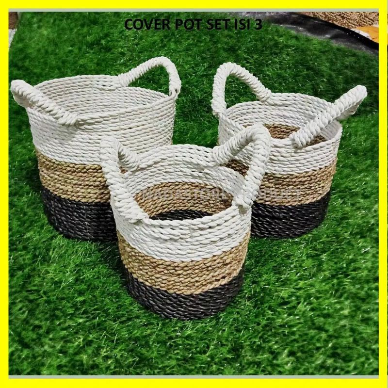 HIASAN KERANJANG ANYAM KUPING-COVER VAS KUPING-COVER POT ANYAM ISI 3 PCS  SEAGRASS BASKET