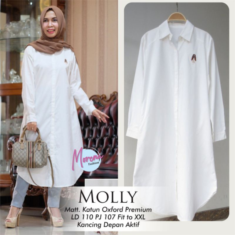 Polo Long Tunik Polos White Putih Katun Oxford Ld 120 Jumbo Fit XXXL Busui Kancing By Morena