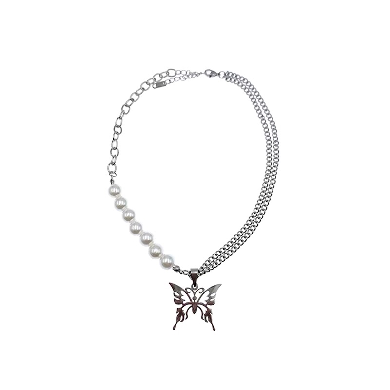 Butterfly Stitching Pearl Necklace Accessories Street Titanium Steel Chain Pendant