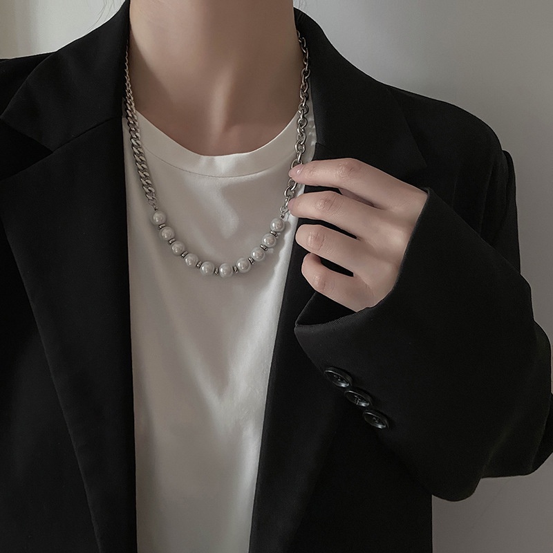 Reflective Pearl Necklace Accessories Hip Hop Fashion Simple Trendy Personality Chain