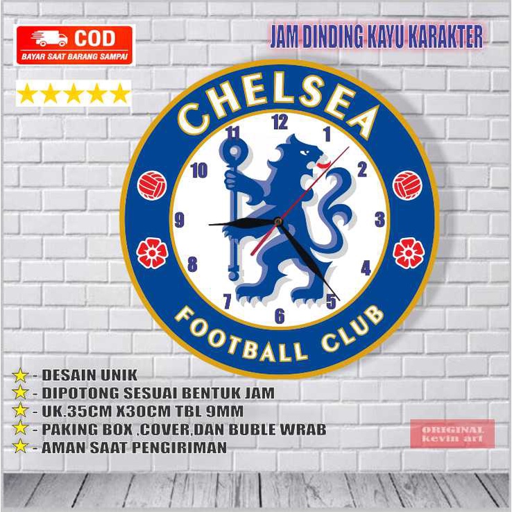 JAM DINDING KAYU UNIK BESAR KARAKTER GAMBAR LOGO CHELSEA