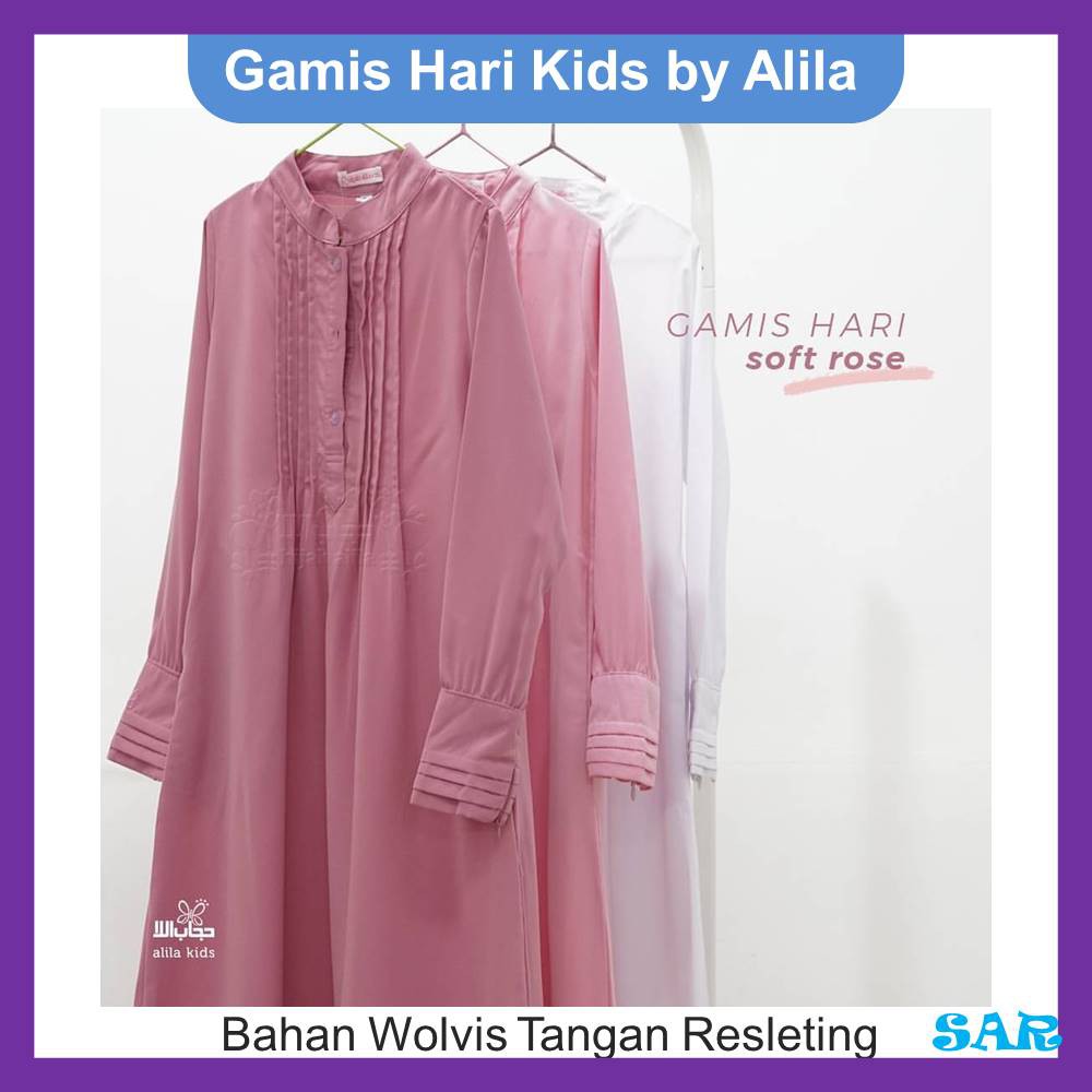 Gamis Hari Kids Polos Syari Satu Warna Bahan Wolfis Tangan Resleting by Alila Kids