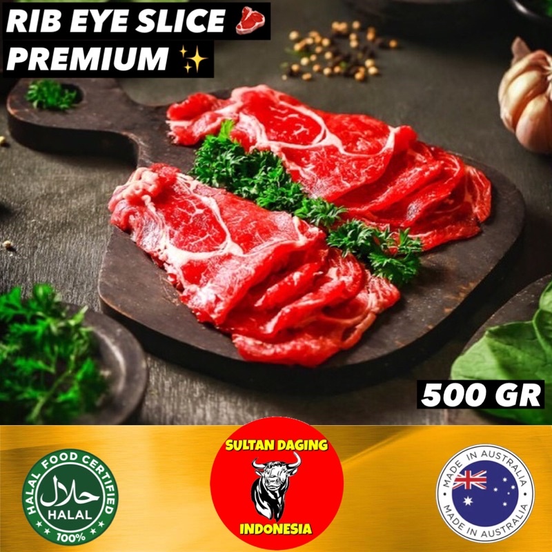 

RIB EYE SLICE PREMIUM 500 GRAM IMPORT DARI AUSTRALIA/ RIB EYE SLICE BEEF/ BEEF SLICE RIB EYE/RIB EYE