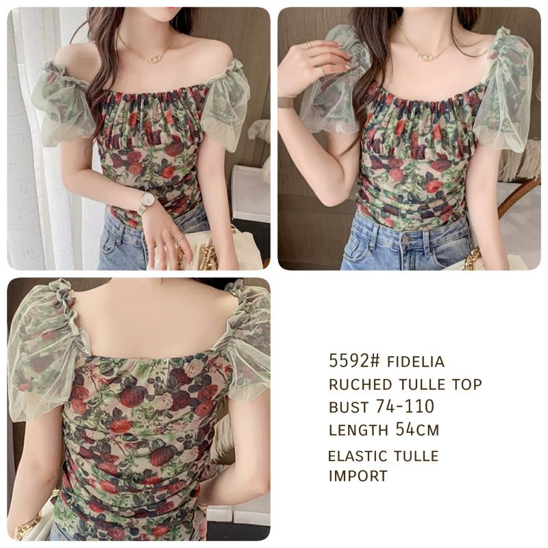 MDLV ~ 5592# Fidelia Ruched Tulle Top Atasan Blouse Korea Import