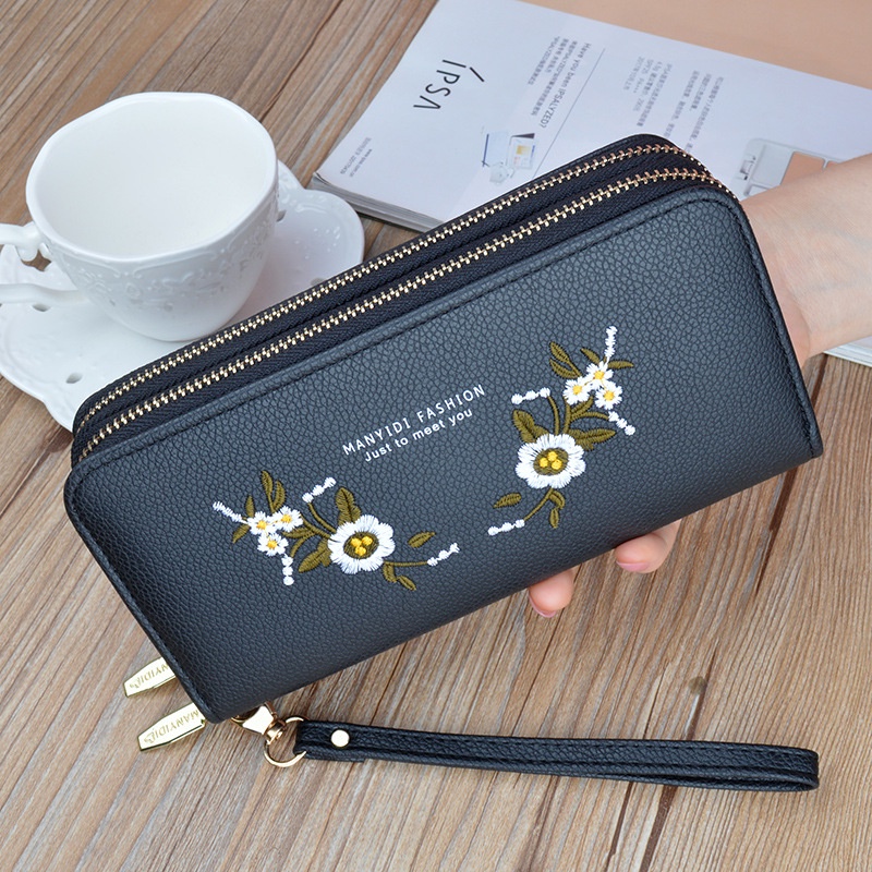 DOMPET PANJANG WANITA IMPORT PESTA KULIT BORDIR BUNGA HITAM MACBETH TALI PENDEK KEKINIAN MUAT HP WA576B5 2 RESLETING BRANDED KARTU SLOT MURAH CEWEK KOREA REMAJA BATAM PREMIUM