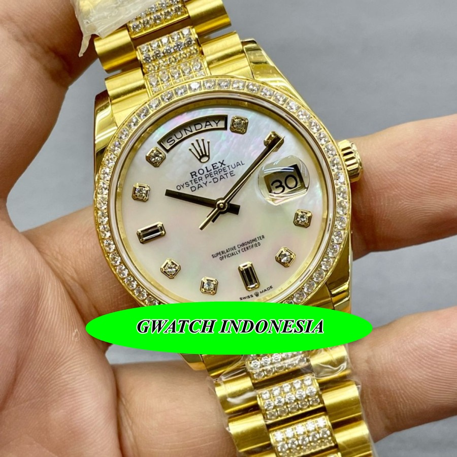 New Arrival  Jam Tangan Wanita Branded Rolex Day Date 128348 Diameter 36mm White MOP Dial YG Preside