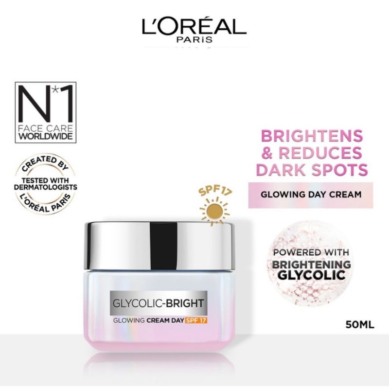 Loreal glycolic bright glowing day cream spf 17 - 50ml / krim siang glycolic