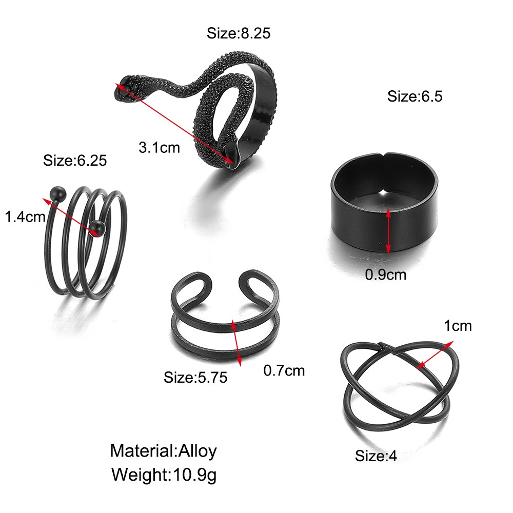 YEEZII 5pcs / Set Cincin Model Ular Warna Hitam Untuk Wanita