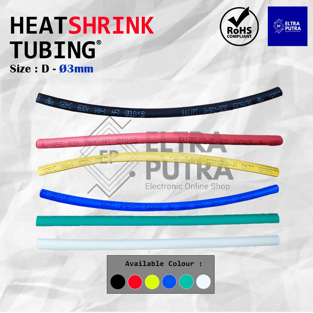 HEATSHRINK 3mm Warna Warni LENGKAP Ecer, Selongsong Selang Bakar ISOLASI BAKAR (1 Meter)