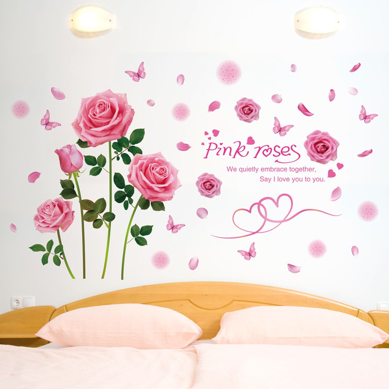Merah Muda Romantis Naik Stiker Dinding Samping Tempat Tidur Kamar Tidur Latar Belakang Tata Letak Dinding Hiasan Dinding Bunga Bunga Dinding Shopee Indonesia