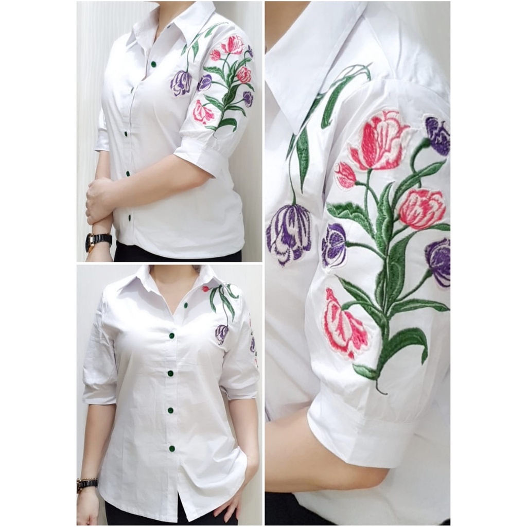 KEMEJA PUTIH WANITA BORDIR BUNGA KATUN STRET JEPANG / TSHIRT WOMAN WHITE EMBROIDERY FLOWER MEDIUM - 