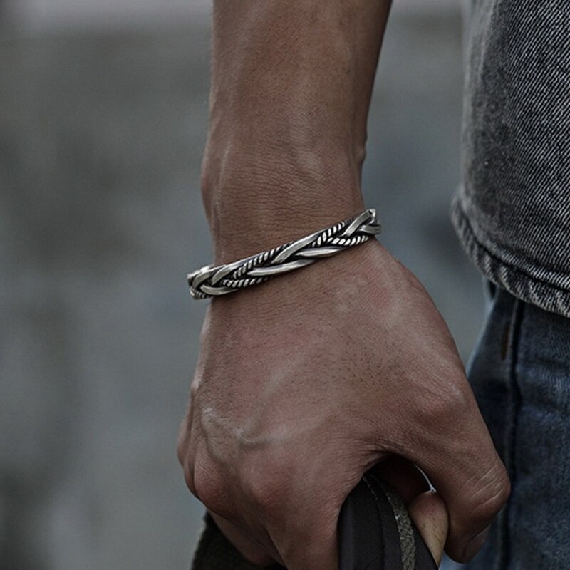 Gelang Model Terbuka Bahan Lapis Silver Desain Anyaman Gaya Retro / Unik / Simple / Punk Handmade Untuk Hadiah