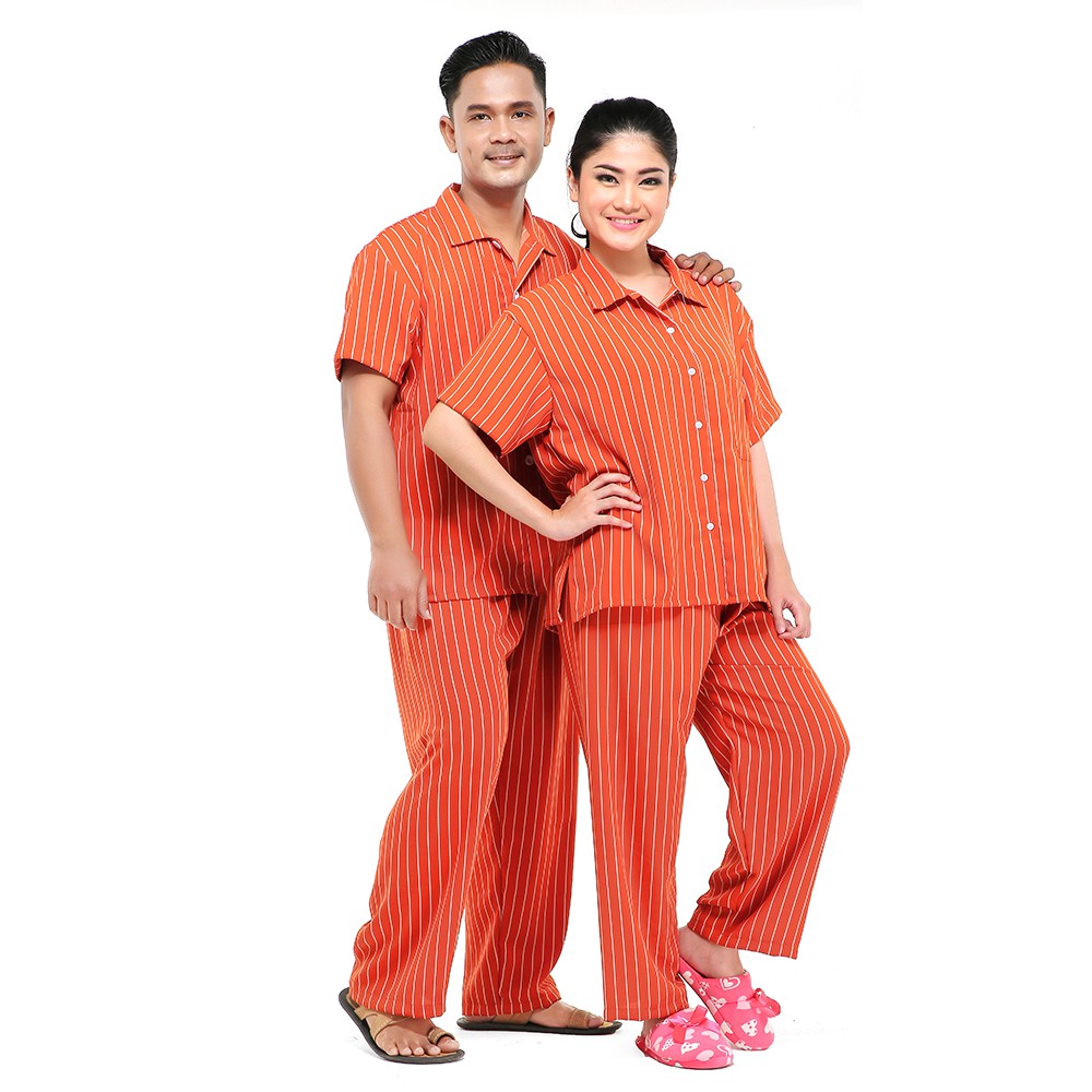 Zavyn Setelan Piyama Couple Setelan Kemeja Salur Orange