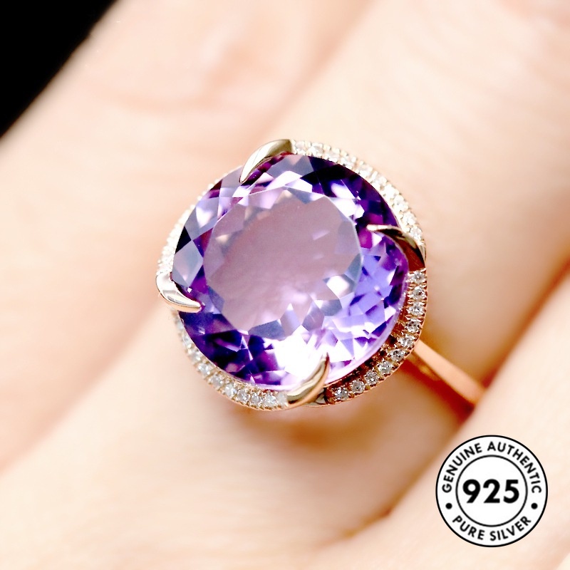 Cincin Sterling Silver 925 Lapis Emas 18k Model Terbuka Dengan Batu Amethyst Biru Laut Untuk Wanita