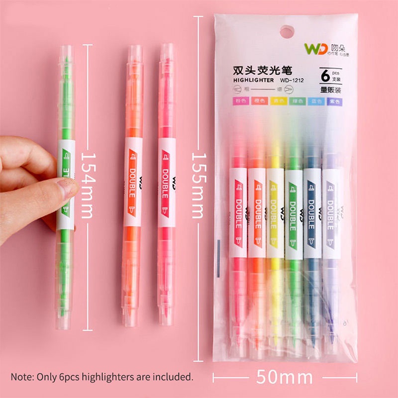 6 / Set Pena Fluorescent Kepala Ganda / Alat Tulis Sekolah