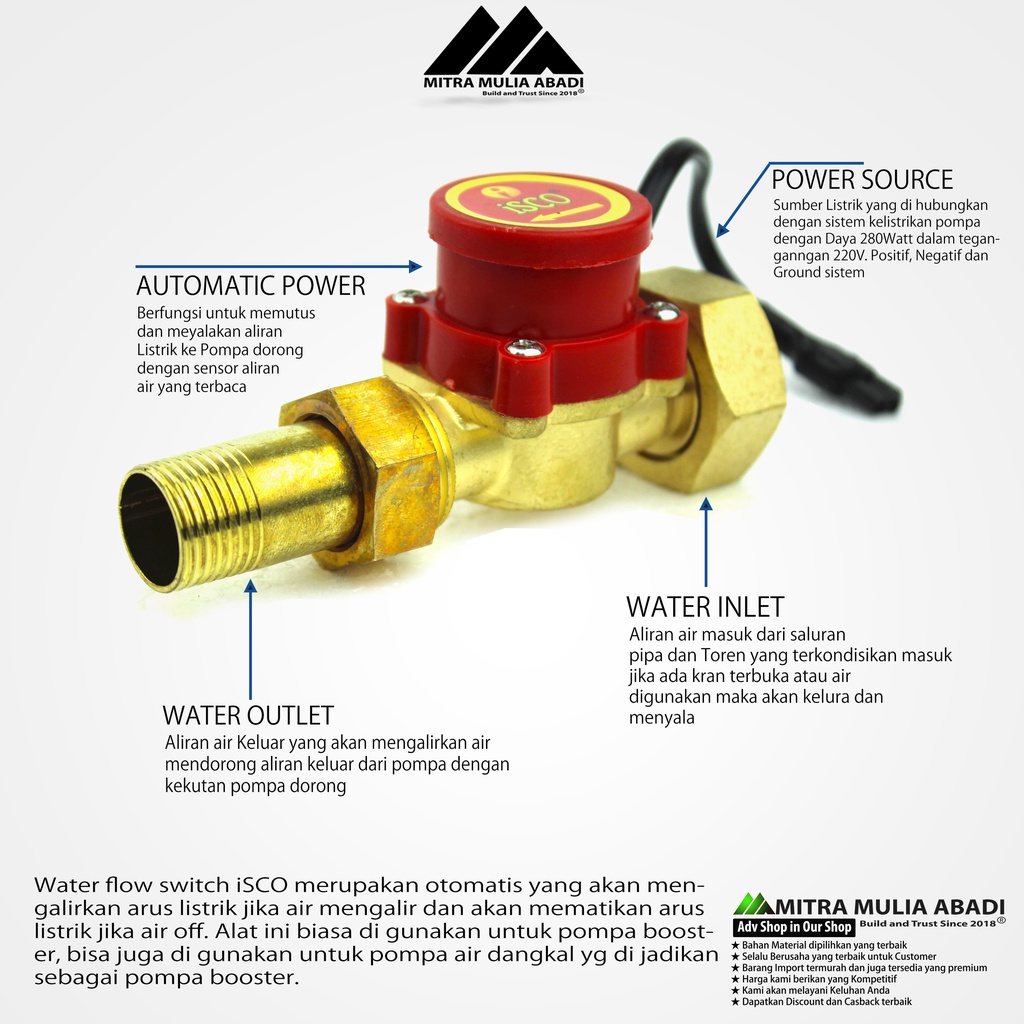 FLOW SWITCH 1 X 3/4 INCH ISCO - WATER FLOW SWITCH - OTOMATIS POMPA AIR