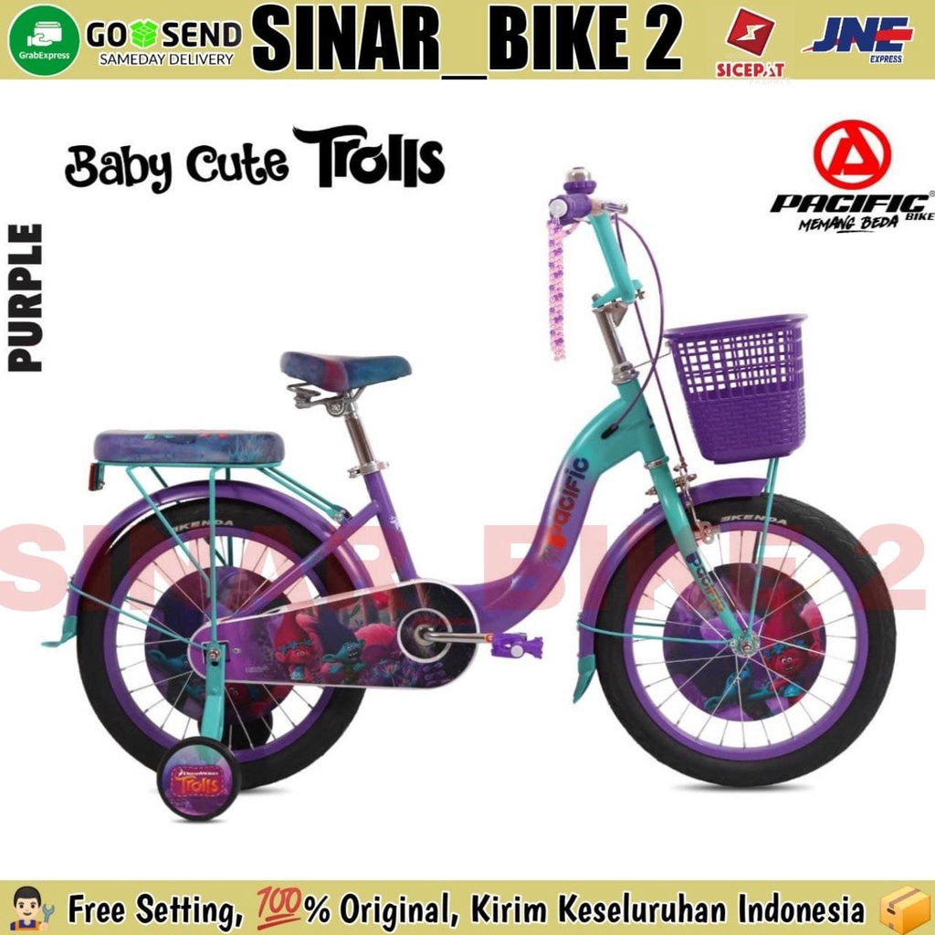 Sepeda Anak Perempuan Mini 12 16 &amp; 18 Inch CTB Pacific Baby Cute Trolls Hi-Teen Steel Ada Roda Bantu