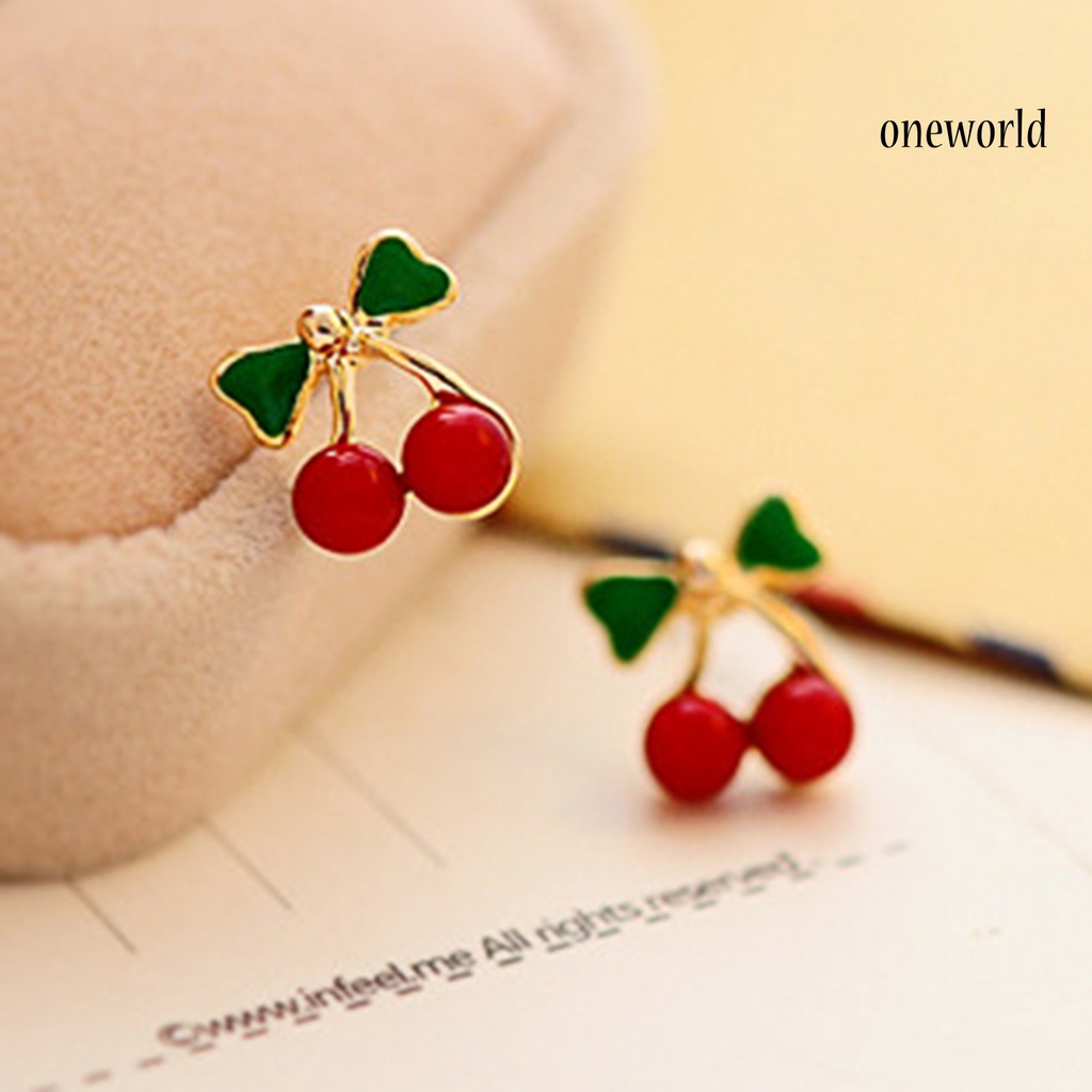 OW# 2Pcs Stud Ear Ring Colorful Decorative Golden Color Cherry Stud Earring for Dressing Room