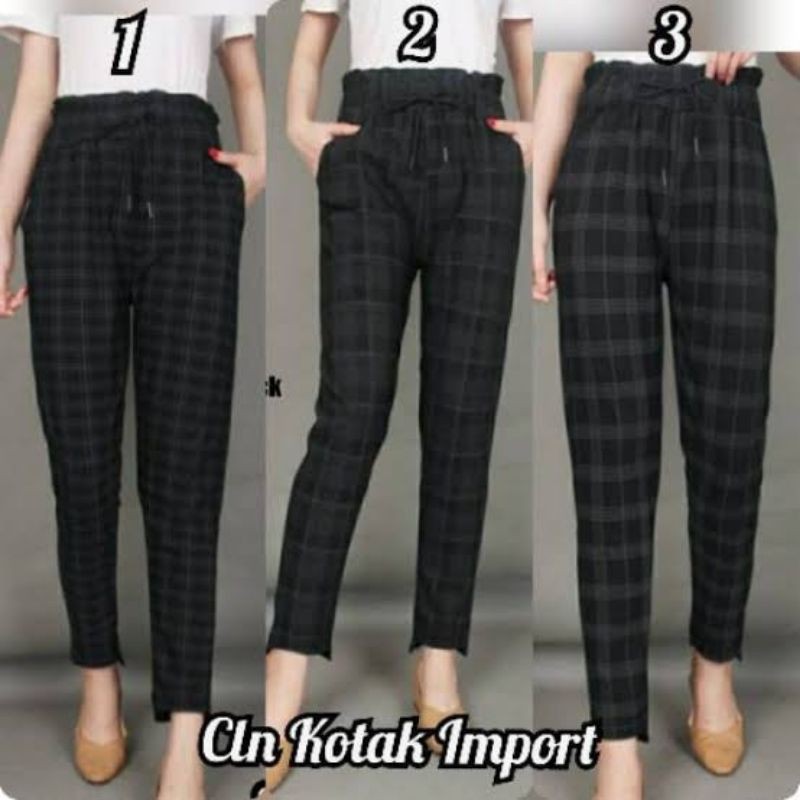 CELANA PANJANG KOTAK TARTAN IMPORT LEGING WANITA IBU BAGGYPANTS POM-POM