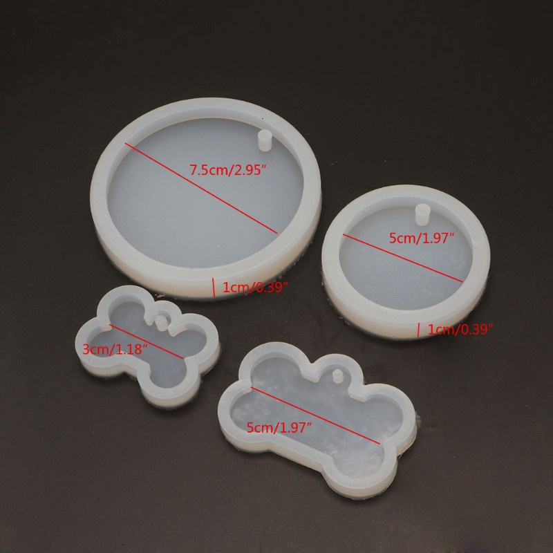 Glitter 4 Pcs Dog Bone Shaped Silicone Mold Set Round Keychain Epoxy Resin Mould Dog Tag Pendant Casting Mold DIY Crafts Jewelry Making Tool