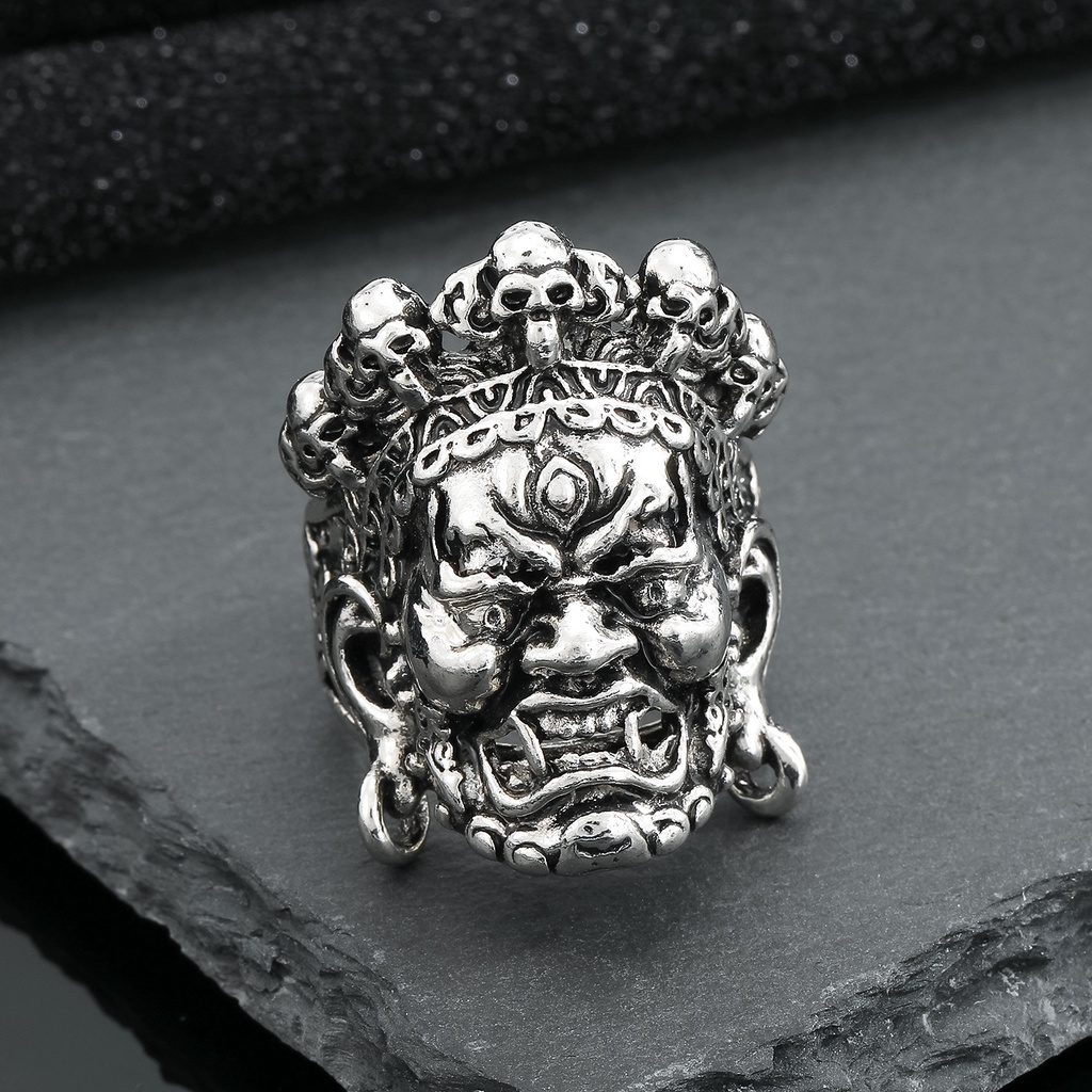 Perhiasan Cincin Adjustable Desain Tengkorak Buddha God of Wealth Gaya Retro Untuk Pria Dan Wanita