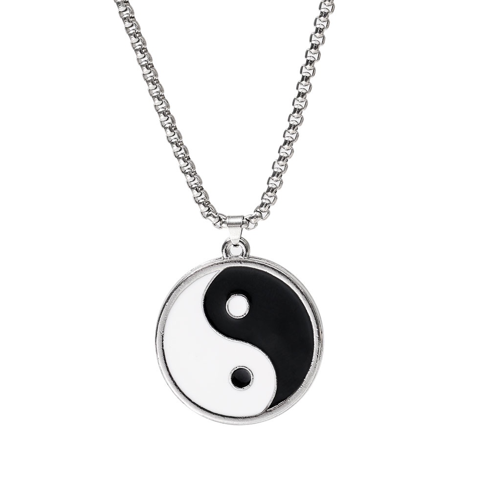 Kalung Rantai Liontin Yin Yang Gosip Taiji Bahan Stainless Steel Alloy Warna Hitam Putih Untuk Pria-Silver-1Pcs
