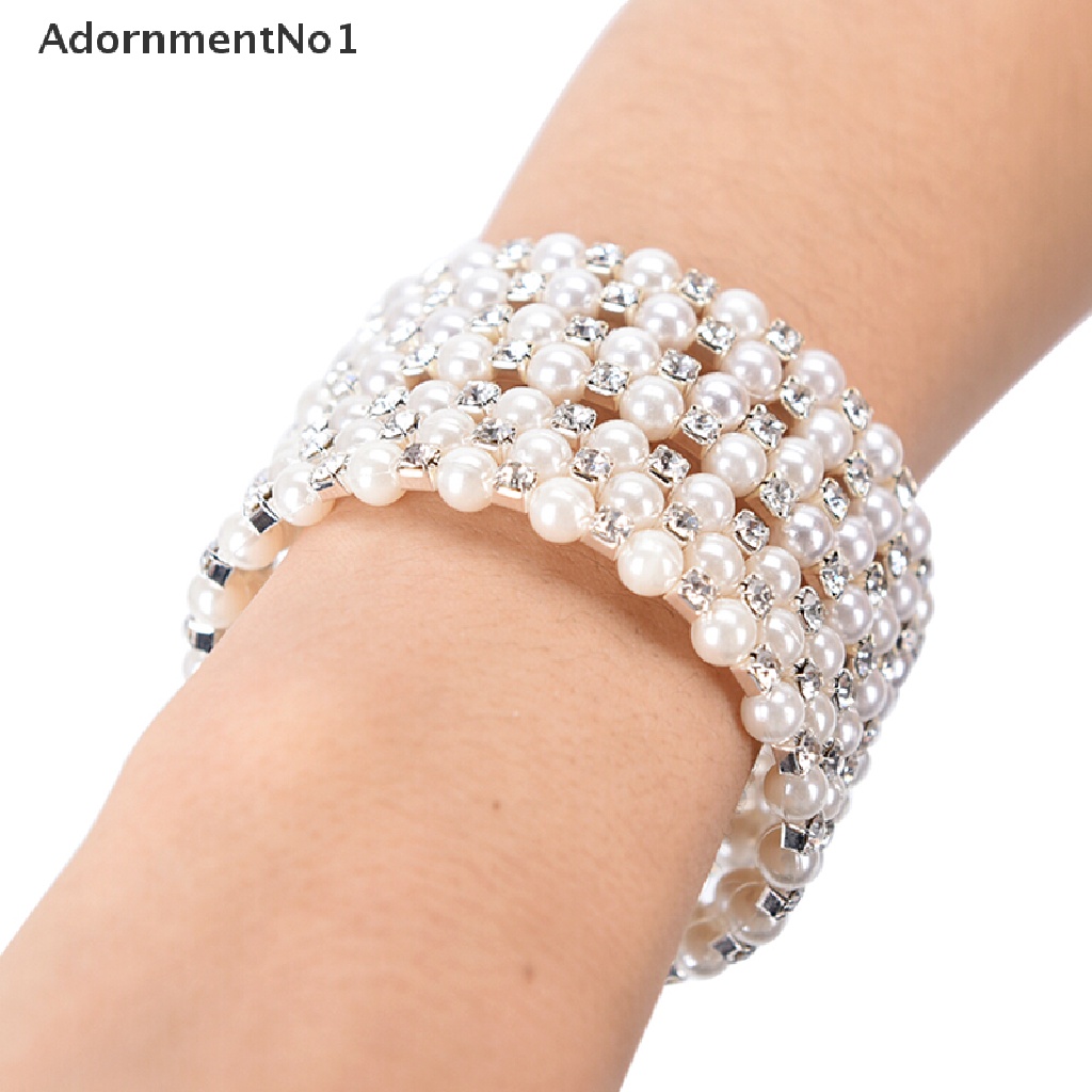 (AdornmentNo1) Gelang Bangle Cuff Lebar Elastis Multilayer Aksen Mutiara + Kristal Imitasi Untuk Wanita