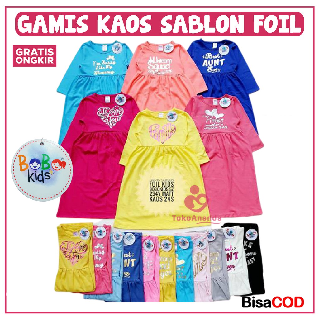 GAMIS KAOS ANAK SABLON FOIL BOBO KIDS / GAMIS KAOS ANAK / GAMIS ANAK