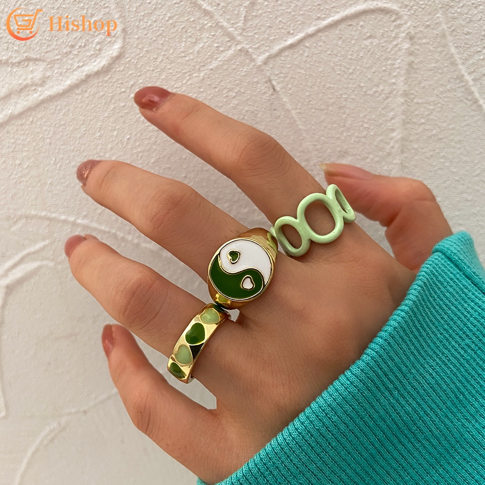 3 pcs set Cincin Tai Chi Hijau Ins Fashion untuk Wanita Fashion Perhiasan Aksesoris