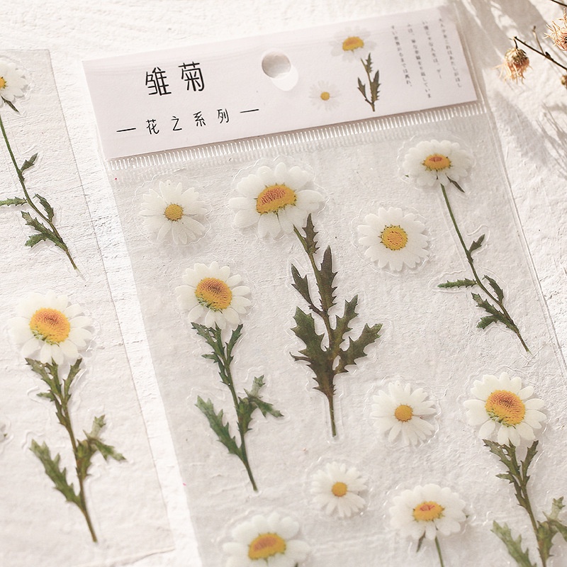 [1Pcs Designs Natural Daisy Plant Words Stickers] [Transparent PET Material Flowers Leaves Plants Deco Stickers]