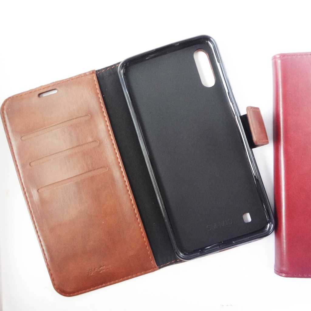 (PAKET HEMAT) Fashion Selular Flip Leather Case Samsung Galaxy A10 Flip Cover Wallet Case Flip Case + Nero Temperred Glass