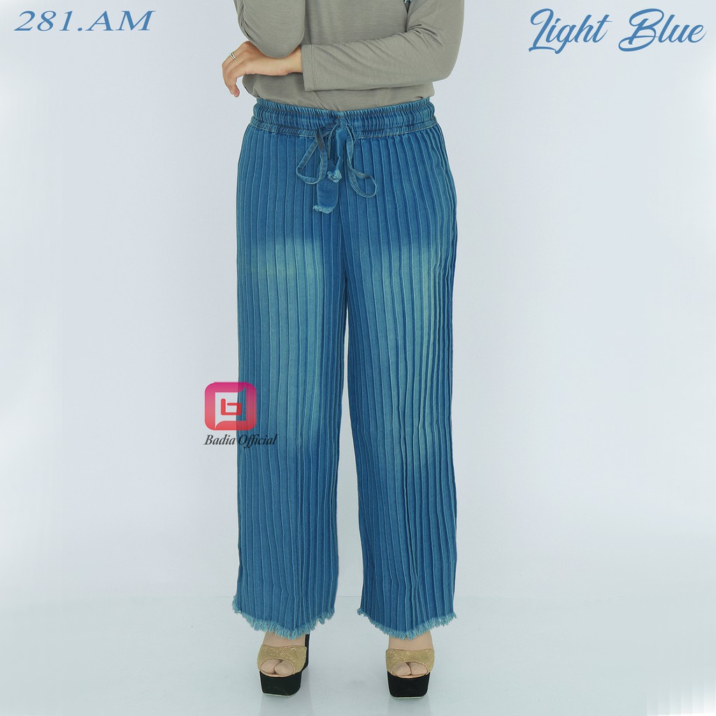 celana kulot jeans plisket rawis rumbai washed osh tebal lipitan awet lebar jumbo wanita premium