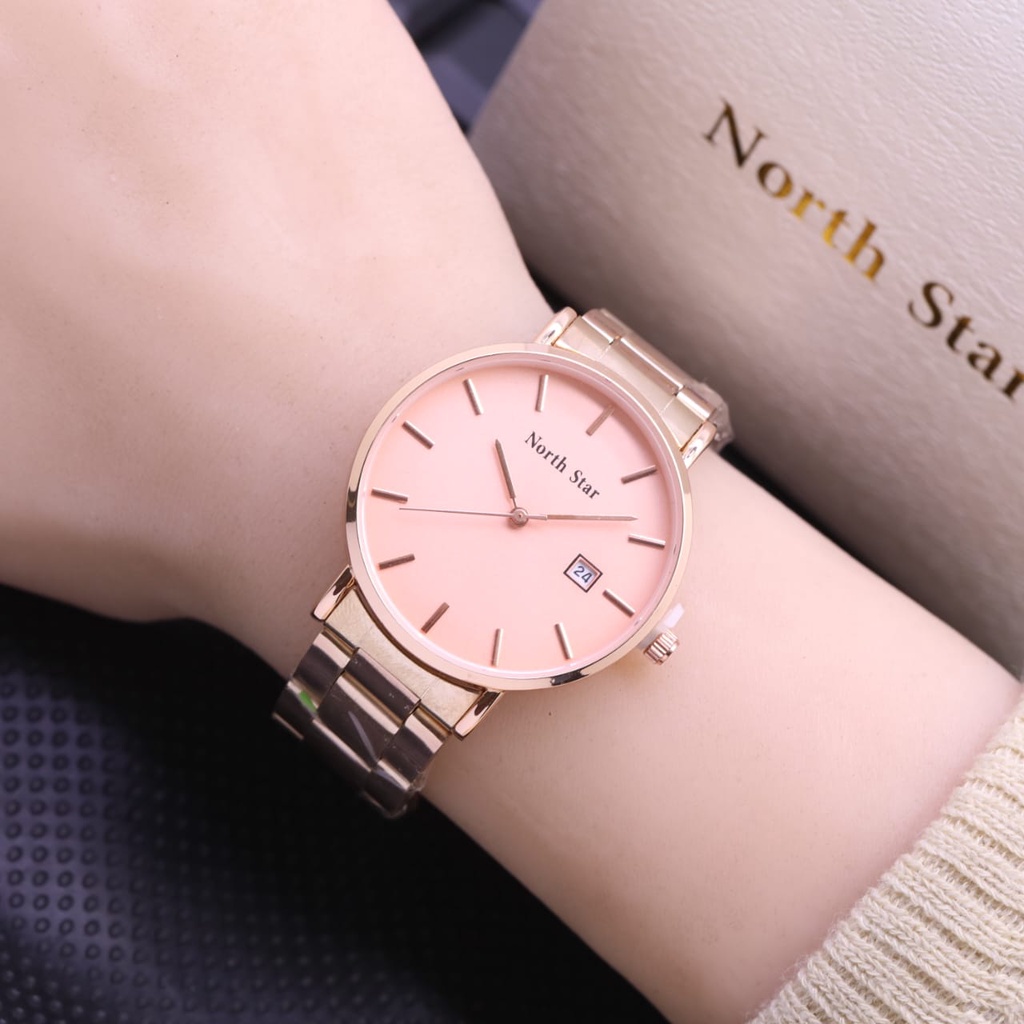 BEST SELLER JAM TANGAN WANITA NORTH STAR FM100 TALI RANTAI TANGGAL AKTIF DM 4.0CM FREE BOX BATERAI CADANGAN || JAM TANGAN FASHION WANITA JAM CEWEK MURAH NORTH STAR