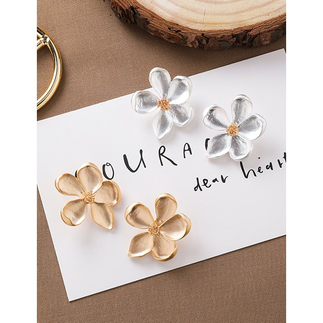 LRC Anting Tusuk Fashion Gold 925 Silver Needle Three-dimensional Metal Flower Earrings D24605