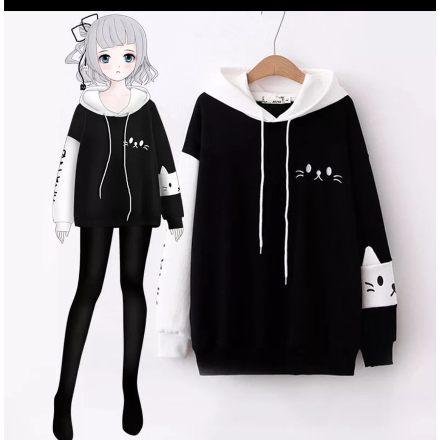 [Sweater hoodie cat RO]Sweater wanita babytery white/black