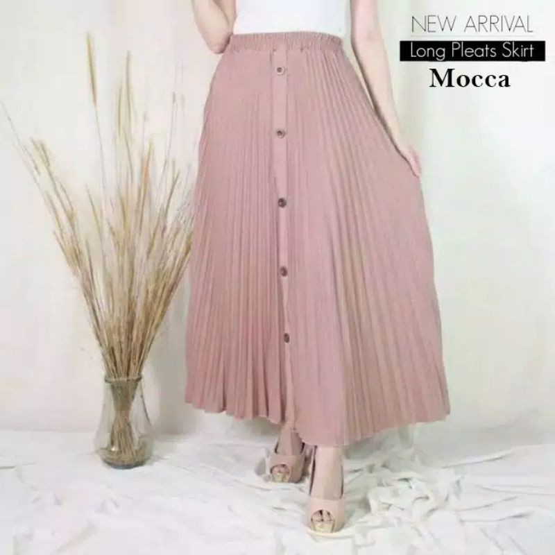 ROK WANITA PLISKET VARIASI KANCING DEPAN - BAHAN HYGET SYPER ( PREMIUM )-Mocca