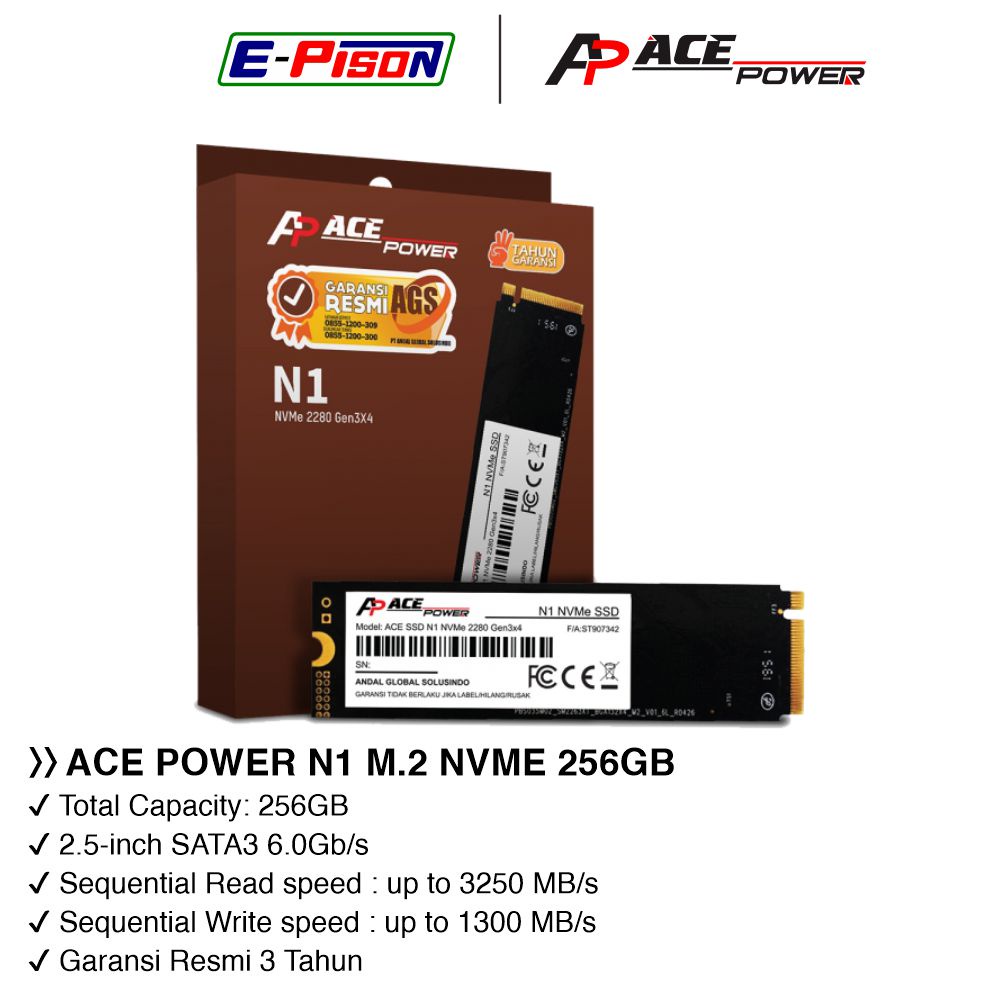 ACE POWER M.2 NVME 256GB PCI-E 3.0 x4 SSD KOMPUTER DAN LAPTOP