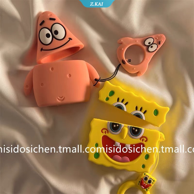 Casing Silikon Motif SpongeBob SquarePants Patrick Star + Gantungan Kunci Untuk Simpan Earphone Wireless Bluetooth AirPods 1 / 2 / 3pro