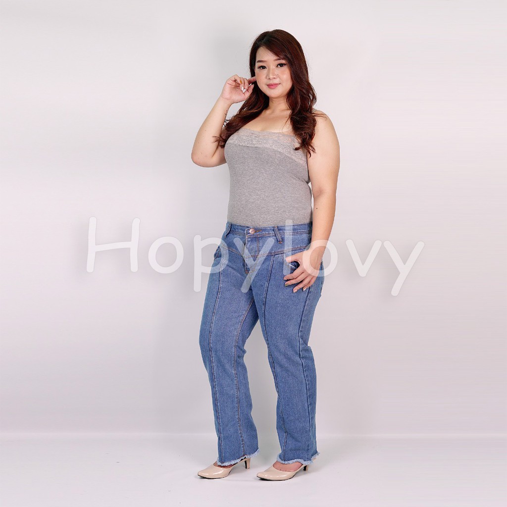 HOPYLOVY - Celana Boyfriend Jeans Ukuran Jumbo Wanita Unfinished Febiola