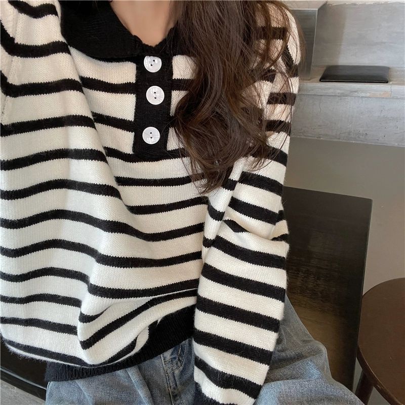 Polo Stripes Knit Import - Atasan Polo Rajut Wanita - Korean Polo Knit TM (51047)