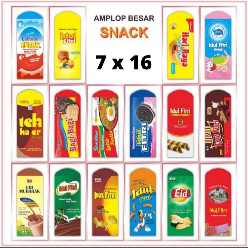 

TERMURAH Amplop LEBARAN JUMBO 7x16cm Angpao THR Siap pakai Motif Lucu Snack Kekinian