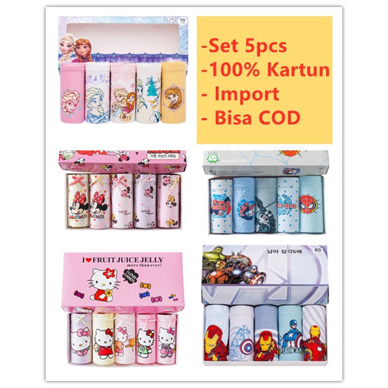 5pcs Import Set Celana dalam anak Kartun Karakter (Free Box)