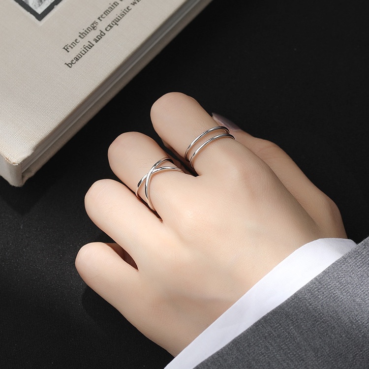 Cincin Silver Adjustable Model Garis Silang Untuk Hadiah Teman