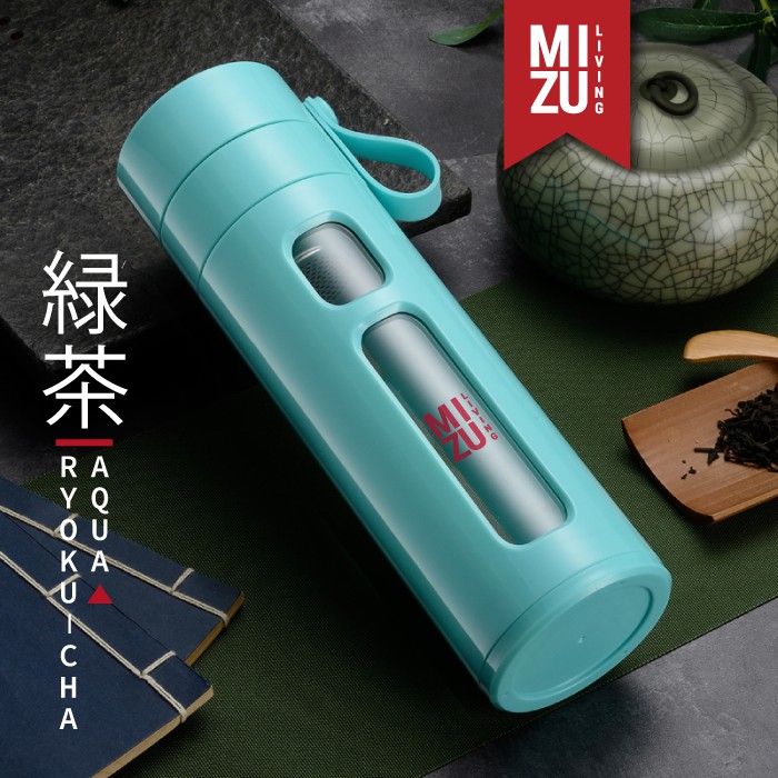 RYOKU-CHA Glass Water Bottle Botol Air Minum Kaca Tumbler 600ml Saringan Teh Infused Water BPA-Free-AQUA