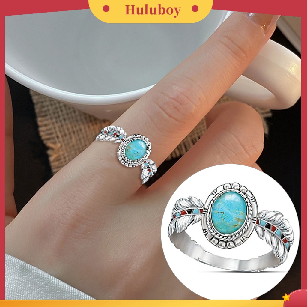Hu Hu Hu Hu Hu Alat Bantu Pasang Kacamata♡ Cincin Desain Bulu Elang Aksen Turquoise Gaya Etnik Vintage Untuk Wanita
