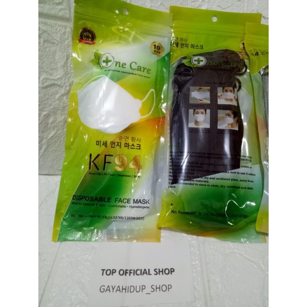 MASKER KF94 0NE CARE HITAM ABU DAN PUTIH EMBOS 1 PACK ISI 10PCS