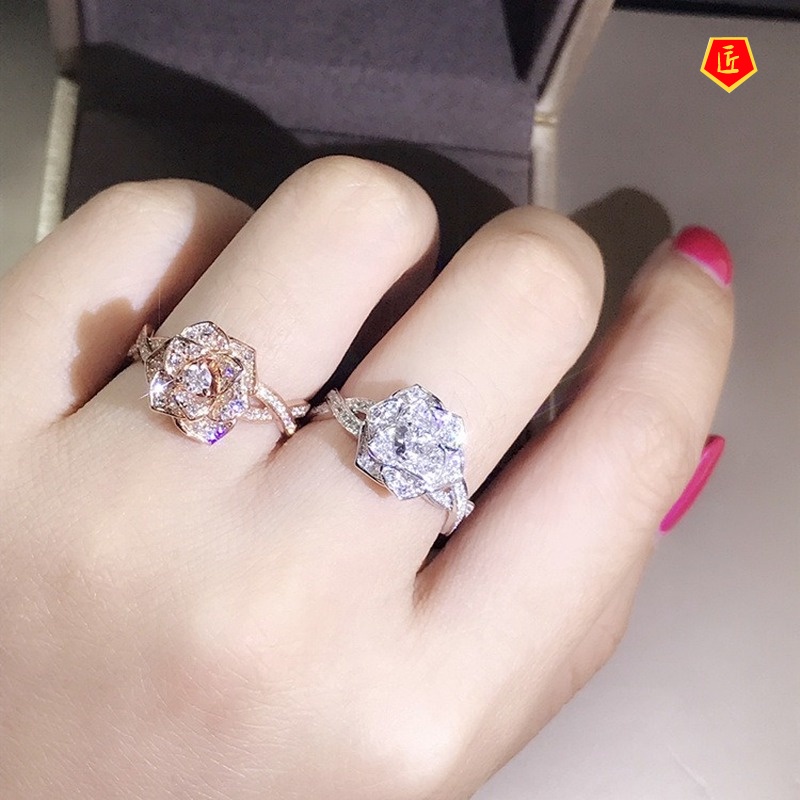 [Ready Stock]18K Rose Gold Zircon Ring Rose Flower Elegant Graceful